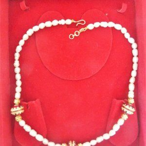 Fresh Water Natural Pearl Necklace with Red Pendent - perfect for any occasions